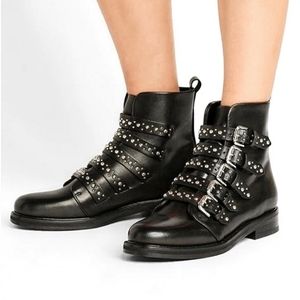 Maje Fortune Studded Buckle Leather Combat Boots